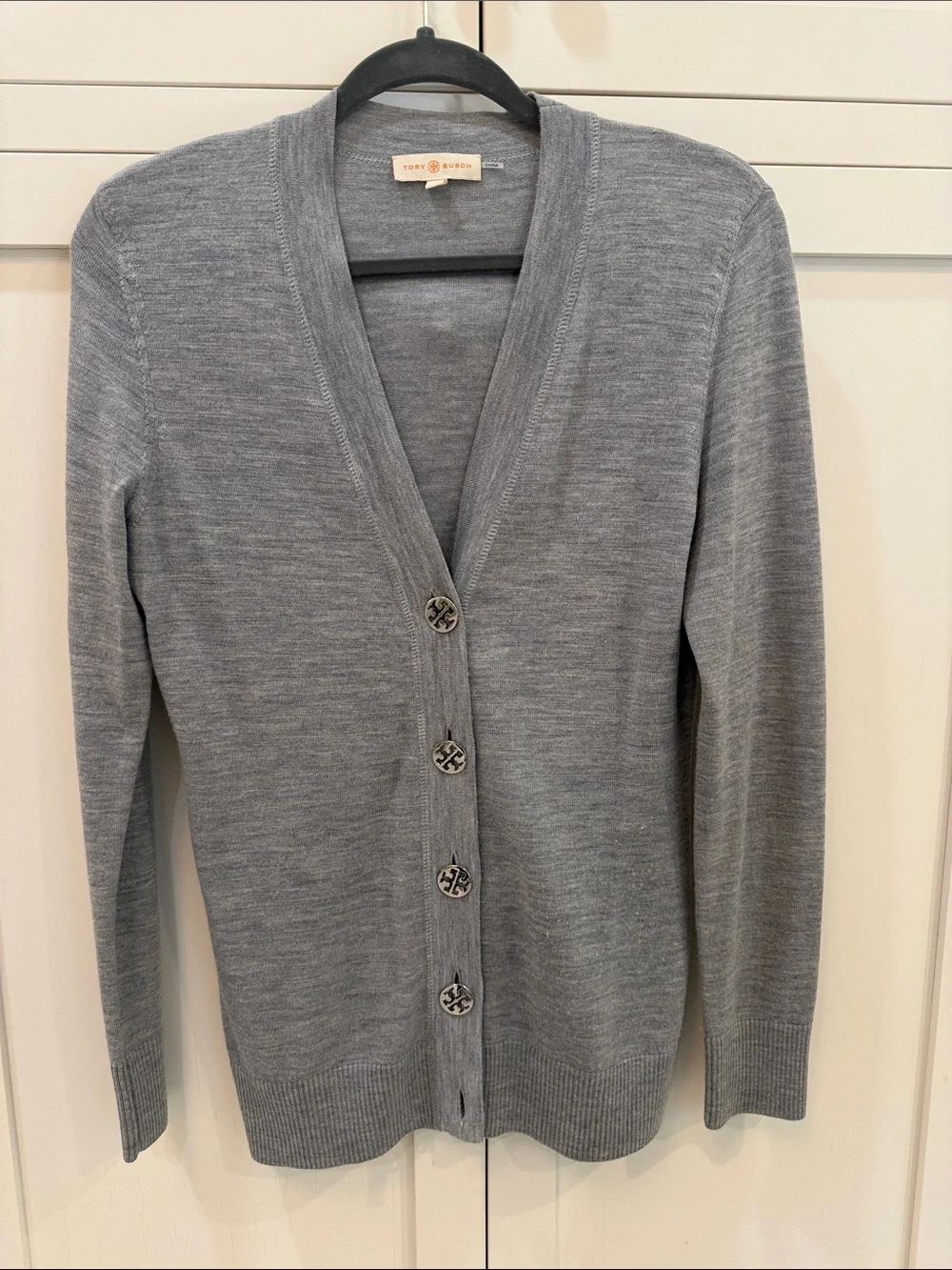Tory Burch Wool Gray V-Neck Logo Button Cardigan